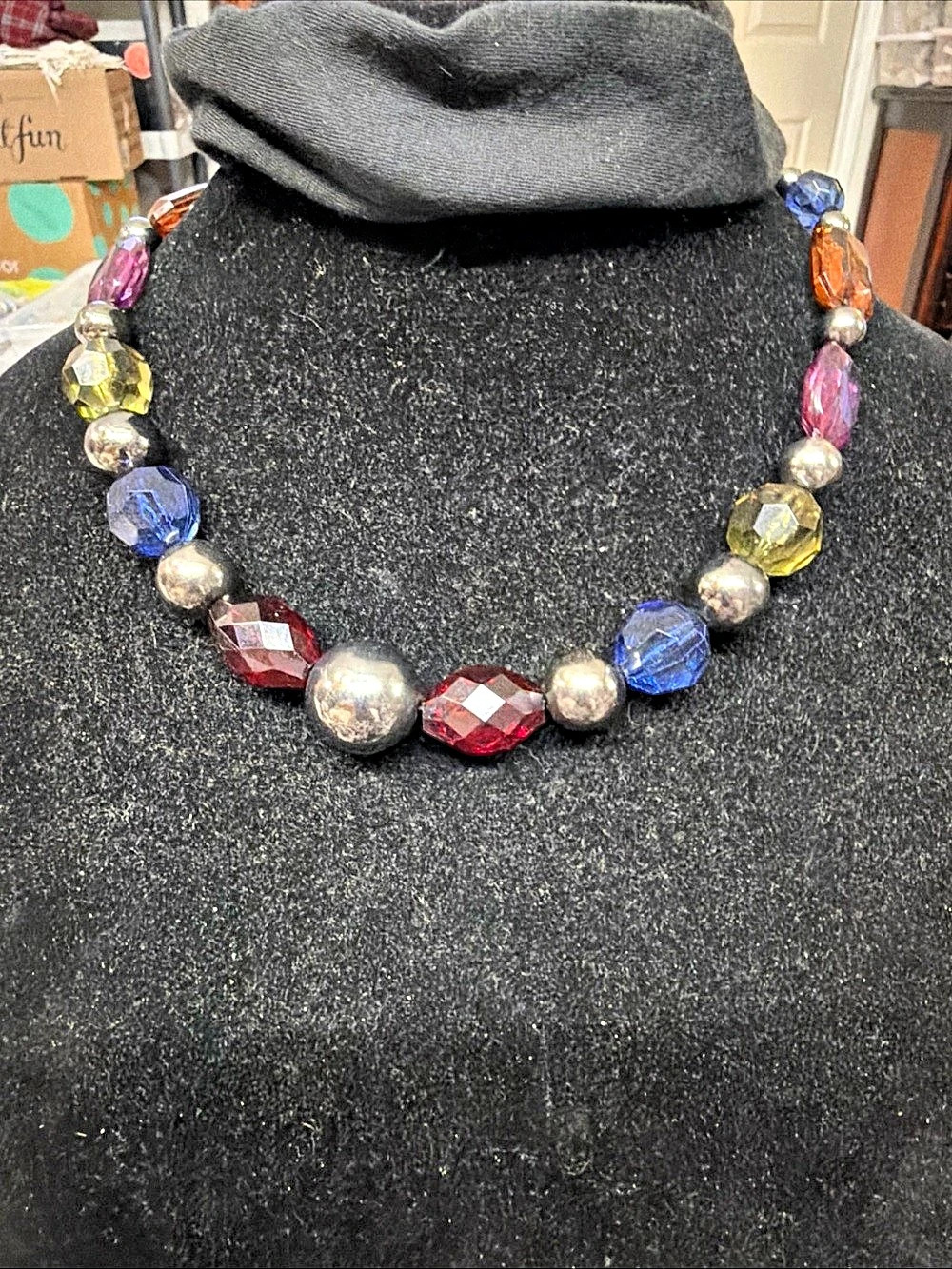 Vtg Chunky Rainbow Beaded Multicolor Beaded Statement Necklace 18”